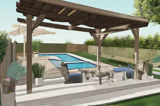 Prompt: illustration  of outdoor entertainment area with pool and pergola