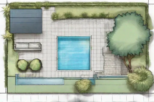 Prompt: illustration of landscape design blueprint that also includes a swimming pool