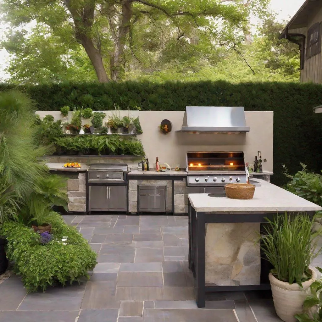 Prompt: outdoor kitchen area with lush
landscaping
