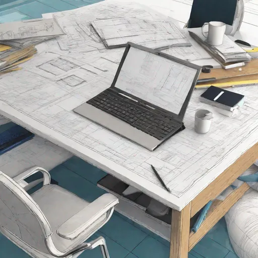 Prompt: illustration close up of home office desk covered in pool construction plans