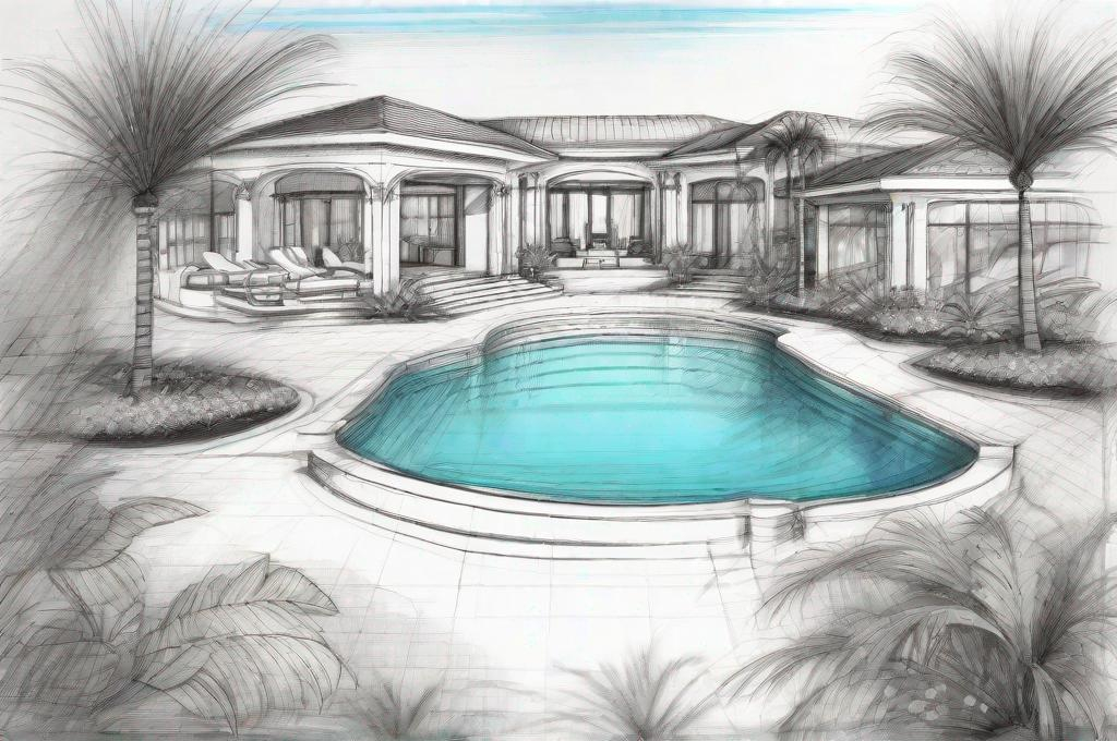 Prompt: sketch of luxury landscaped florida beachside swimming pool and spa oasis