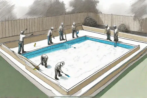 Prompt: sketch of construction workers building an inground backyard pool