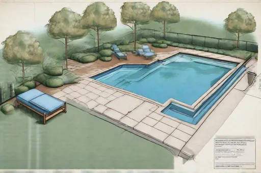 Prompt: illustration of landscape design blueprint that also includes a swimming pool