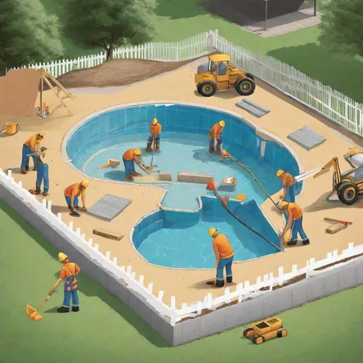 Prompt: illustration of construction workers building an inground backyard pool