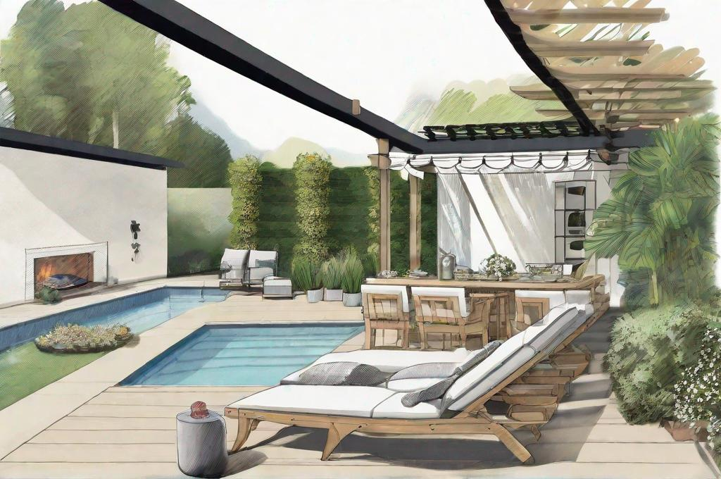 Prompt: illustration  of outdoor entertainment area with pool and pergola