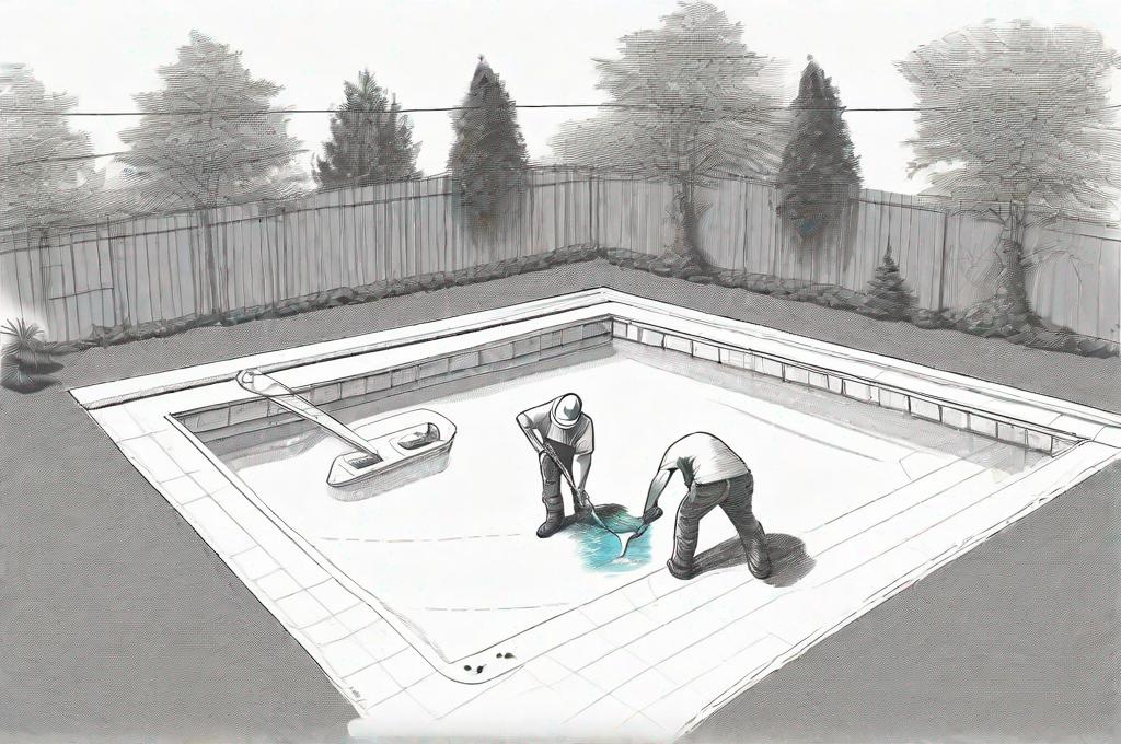 Prompt: sketch of construction workers building an inground backyard pool