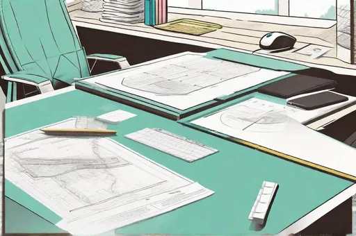 Prompt: illustration close up of home office desk covered in pool construction plans