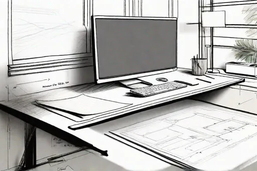 Prompt: sketch of close up of home office desk covered in pool construction plans