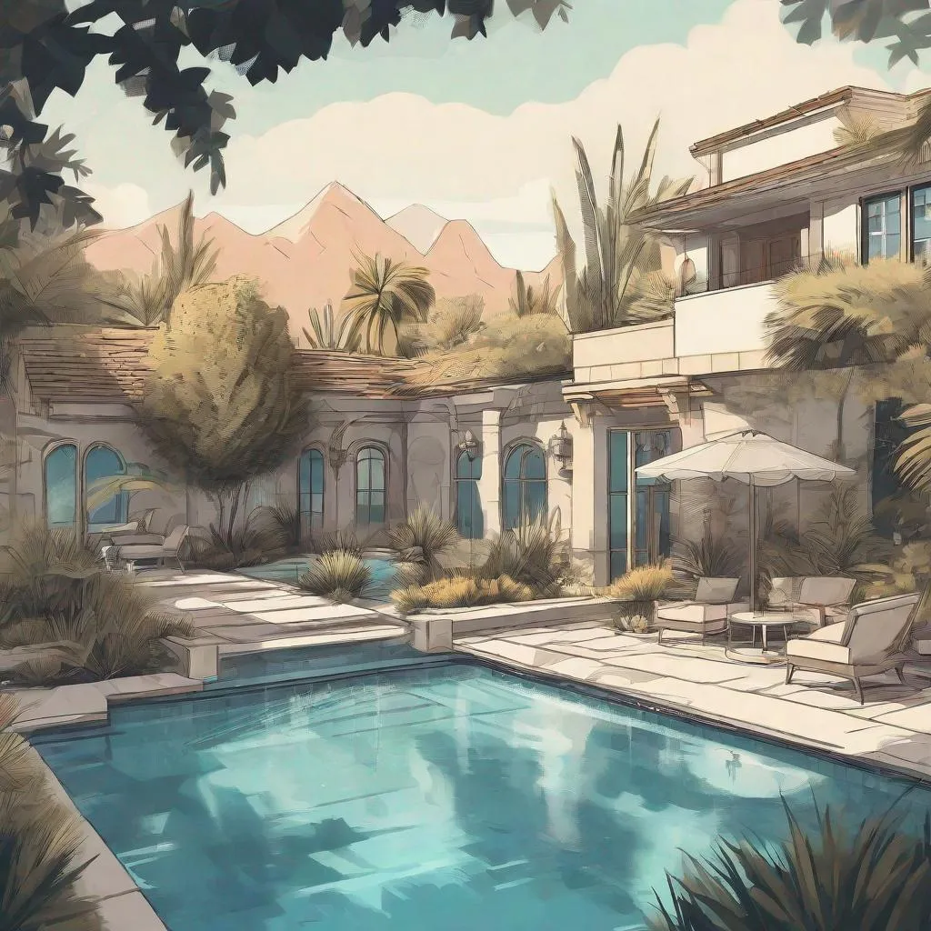 Prompt: illustration luxury landscaped backyard swimming pool and spa oasis