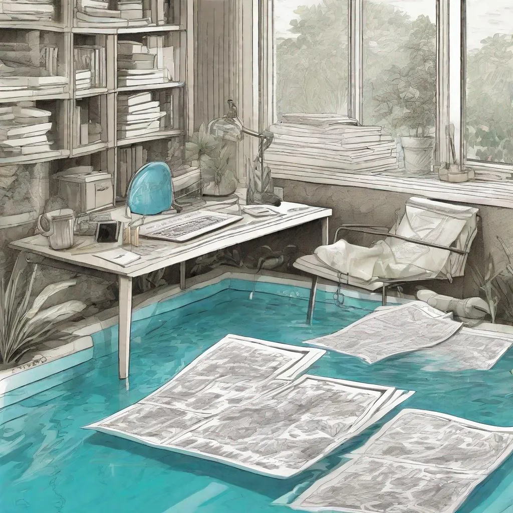 Prompt: illustration of a home office desk covered in backyard swimming pool drawings