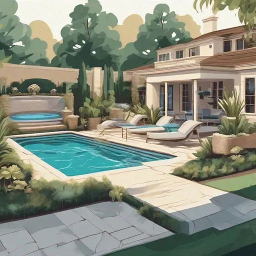Prompt: illustration luxury landscaped backyard swimming pool and spa oasis