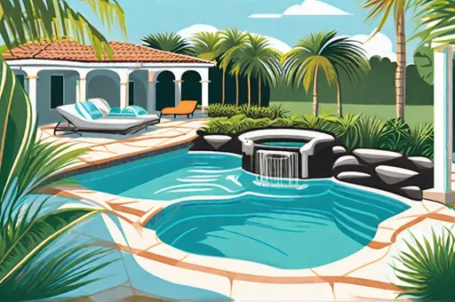 Prompt: illustration luxury landscaped florida backyard swimming pool and spa oasis