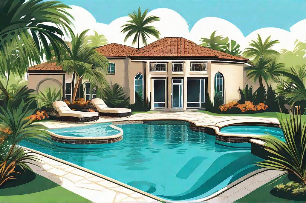 Prompt: illustration luxury landscaped florida backyard swimming pool and spa oasis