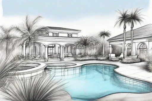 Prompt: sketch of luxury landscaped florida backyard swimming pool and spa oasis