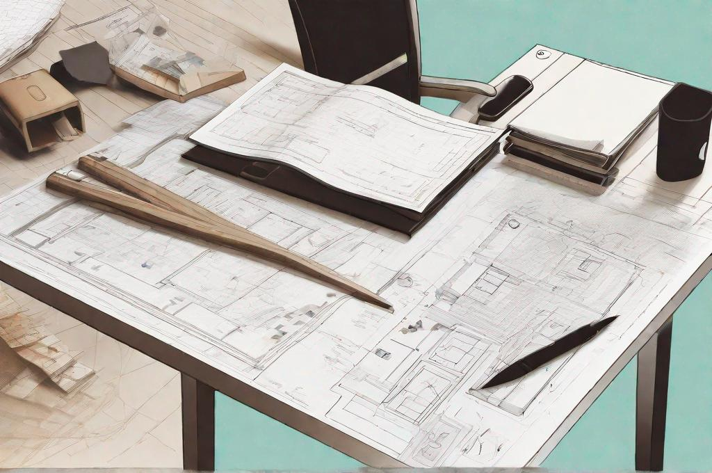 Prompt: illustration close up of home office desk covered in pool construction plans