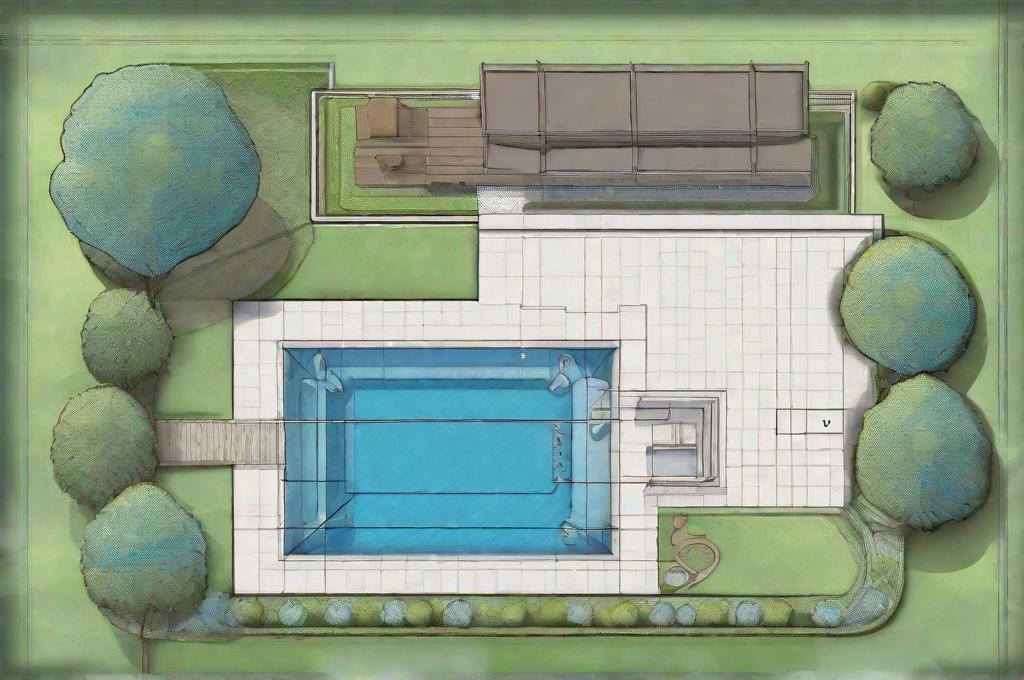 Prompt: illustration of landscape design blueprint that also includes a swimming pool