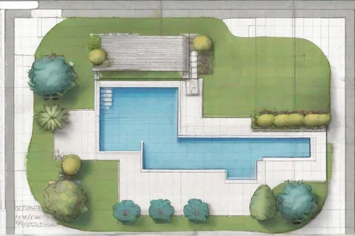 Prompt: illustration of landscape design blueprint that also includes a swimming pool