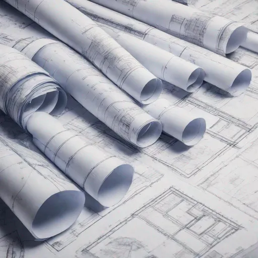 Prompt: close up 
Image of multiple blueprints spread out on a table