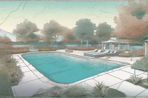 Prompt: illustration with low color saturation of landscape design blueprint that also includes a swimming pool