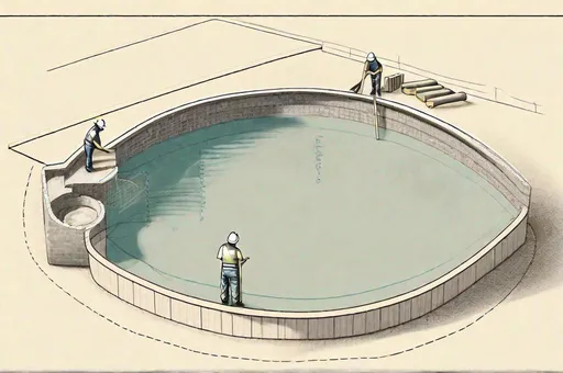 Prompt: sketch of construction workers building an inground backyard pool