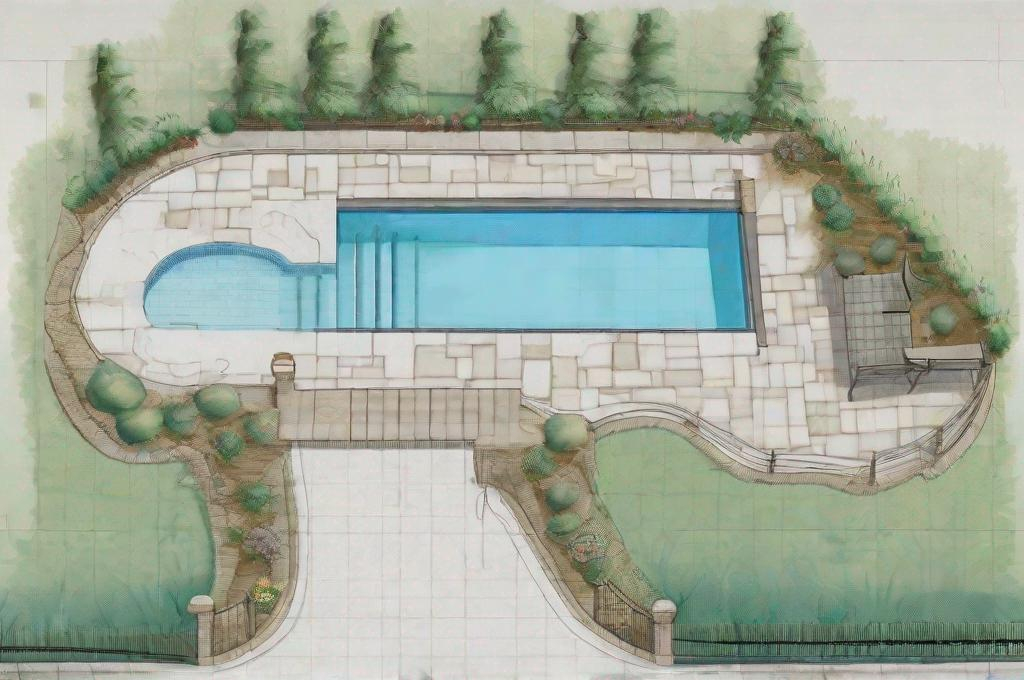 Prompt: illustration of landscape design blueprint that also includes a swimming pool