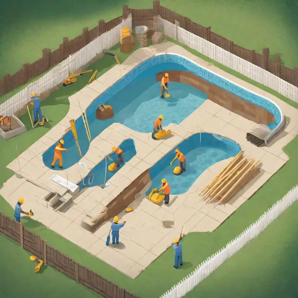 Prompt: illustration of construction workers building an inground backyard pool