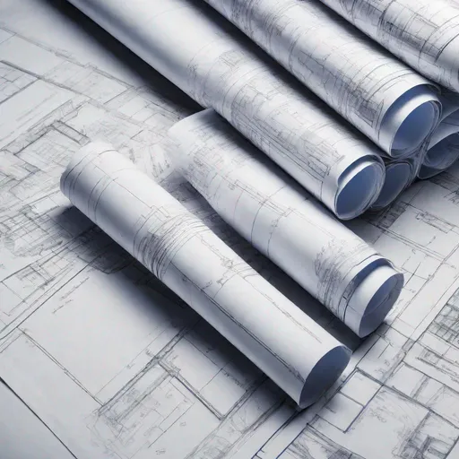 Prompt: close up 
Image of multiple blueprints spread out on a table