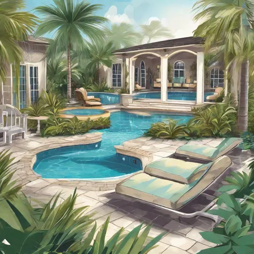 Prompt: illustration luxury landscaped florida backyard swimming pool and spa oasis
