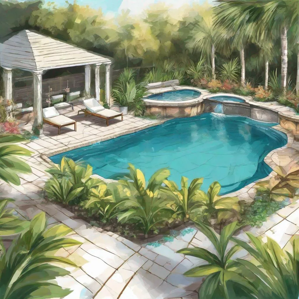 Prompt: illustration luxury landscaped florida backyard swimming pool and spa oasis