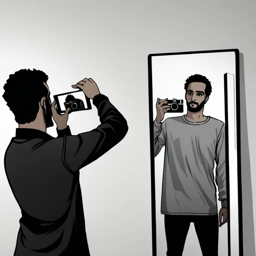 Prompt: a man taking a picture of himself in a mirror with a cell phone in his hand and a camera in his other hand, Fathi Hassan, aestheticism, profile picture, a photocopy