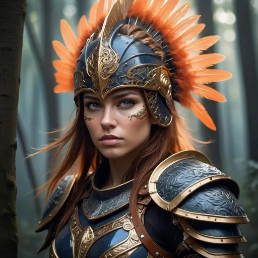 Prompt: Create a highly detailed and realistic portrait of a fierce female warrior in a fantasy setting. She should have striking features with intense, determined eyes. The warrior wears ornate, intricately designed armor with metallic and leather elements, adorned with decorative patterns and embellishments. Her helmet features an elaborate design with golden accents and feathers. The background should depict a misty forest with a magical, ethereal atmosphere, using a color palette that includes deep blues and vibrant oranges. The lighting should enhance her features and the details of her armor, creating a dramatic and captivating scene.

