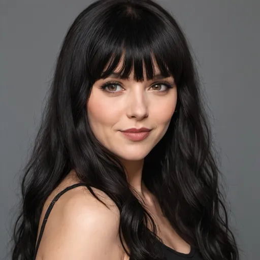 Prompt: there is a woman with long hair and a black top, she has black hair with bangs, long dark hair with bangs, black wavy hair with bangs, fluffy bangs, hair blackbangs hair, brown hair and bangs, long black hair with bangs, sultry smirk, black bangs, dark hair and makeup, mean smirk, with bangs, full bangs
