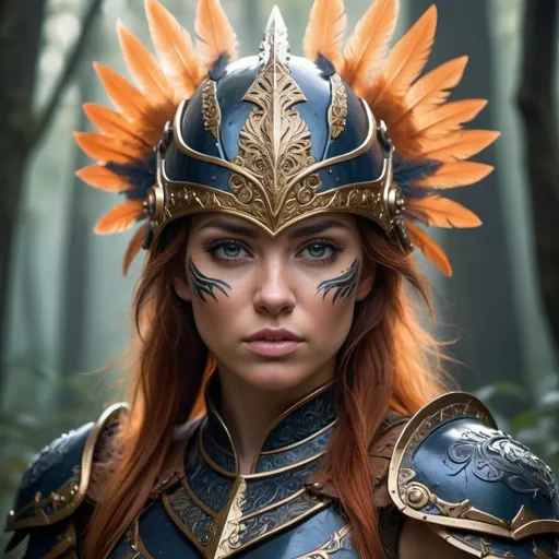 Prompt: Create a highly detailed and realistic portrait of a fierce female warrior in a fantasy setting. She should have striking features with intense, determined eyes. The warrior wears ornate, intricately designed armor with metallic and leather elements, adorned with decorative patterns and embellishments. Her helmet features an elaborate design with golden accents and feathers. The background should depict a misty forest with a magical, ethereal atmosphere, using a color palette that includes deep blues and vibrant oranges. The lighting should enhance her features and the details of her armor, creating a dramatic and captivating scene.

