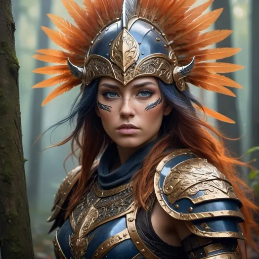 Prompt: Create a highly detailed and realistic portrait of a fierce female warrior in a fantasy setting. She should have striking features with intense, determined eyes. The warrior wears ornate, intricately designed armor with metallic and leather elements, adorned with decorative patterns and embellishments. Her helmet features an elaborate design with golden accents and feathers. The background should depict a misty forest with a magical, ethereal atmosphere, using a color palette that includes deep blues and vibrant oranges. The lighting should enhance her features and the details of her armor, creating a dramatic and captivating scene.

