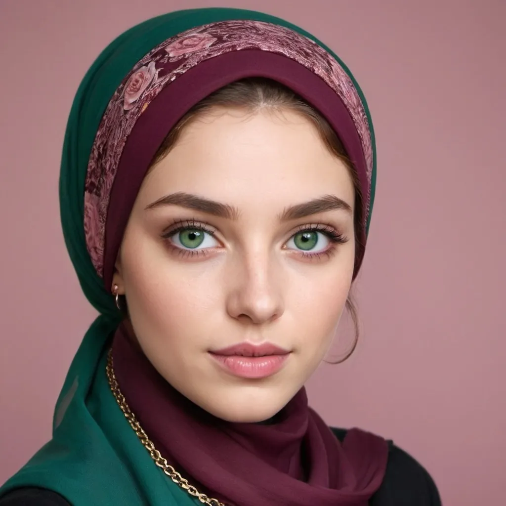 Prompt: create an  image of a young woman with fair skin, large green eyes, and soft rose-tinted lips. She should have a smooth complexion with a subtle blush, and her hair should be gently styled. She is wearing a rich purple muslim headscarf and a deep burgundy dress, complemented by a fine gold chain with a heart-shaped pendant around her neck. The background should a soft blur of floral patterns, 