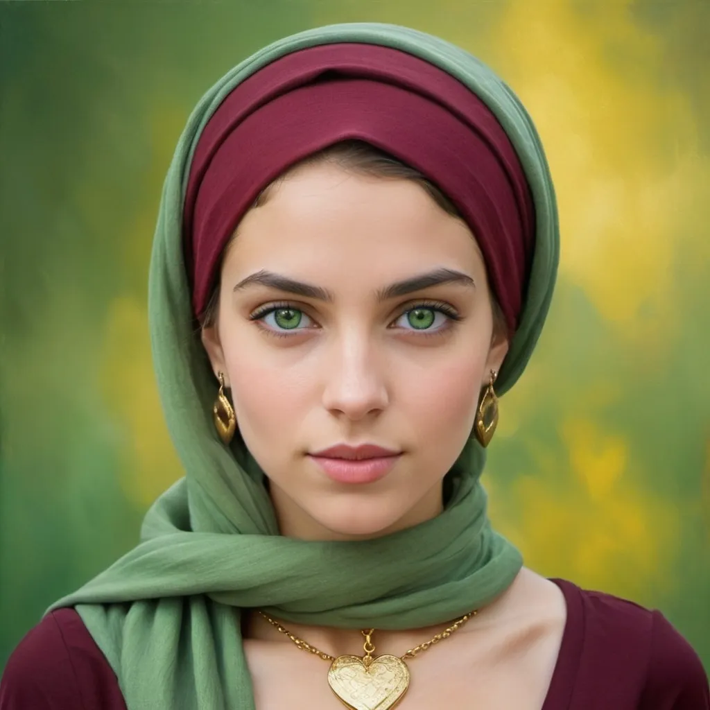 Prompt: "Capture a detailed and vivid photograph of a young woman with striking green eyes, dressed in a deep burgundy headscarf and matching attire. She wears elegant gold jewelry, including heart-shaped earrings and a pendant necklace. The background is an impressionistic blend of soft greens and yellows, adding depth and contrast to her refined and serene expression. The overall mood of the image should evoke a sense of calm and timeless beauty."

