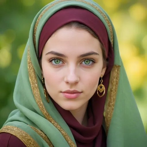 Prompt: "Capture a detailed and vivid photograph of a young woman with striking green eyes, dressed in a deep burgundy headscarf and matching attire. She wears elegant gold jewelry, including heart-shaped earrings and a pendant necklace. The background is an impressionistic blend of soft greens and yellows, adding depth and contrast to her refined and serene expression. The overall mood of the image should evoke a sense of calm and timeless beauty."

