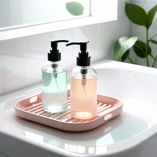 Prompt: (soap tray set), bathroom, clean background, sleek and minimal design, glossy surfaces, white and light pastel tones, soft natural lighting, fresh and neat atmosphere, 
close-up the bottle no  element

