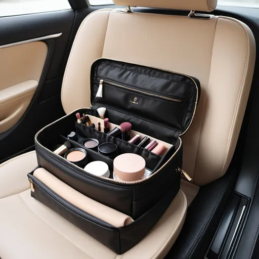 Prompt: black makeup bag open and place in the beige car, warm asmophere, clean, minimal vibe, more space in the car