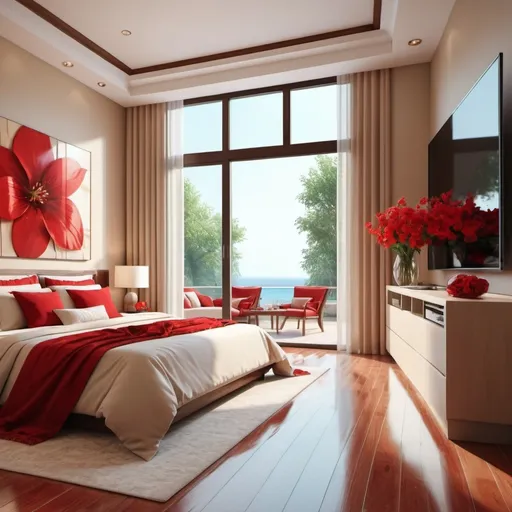 Prompt: Make a big beige and red bed room with pool view by the glass window and a big tv and red flowers 