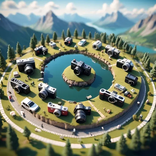 Prompt: large cameras  in circular formation looking inward and seen on the image filming from an aerial view, tilt-shift, isometric miniature world, detailed landscape world render with tiny houses and boats, mountains with lakes. The cameras themselves must be seen on the image