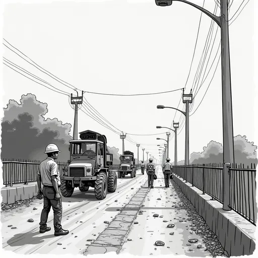 Prompt: Create a wide screen (16:9) ration picture for Uttar Pradesh lok Nirman Vibhag (Uttar Pradesh Public works department) . The image shoul be according to work nature of UPPWD. I want illustration art for the cover page of PPT. The core of UPPWD is road constructions, bridge construction, building constructions. I want these related thing in the picture. as well as the construction equpiments , labours and etc in the cover page. I dont need the animation. I need illustration art in balck and white . Need more labours, enginers and mchines . There is no building work here. As well as I want this in day mode not night mode