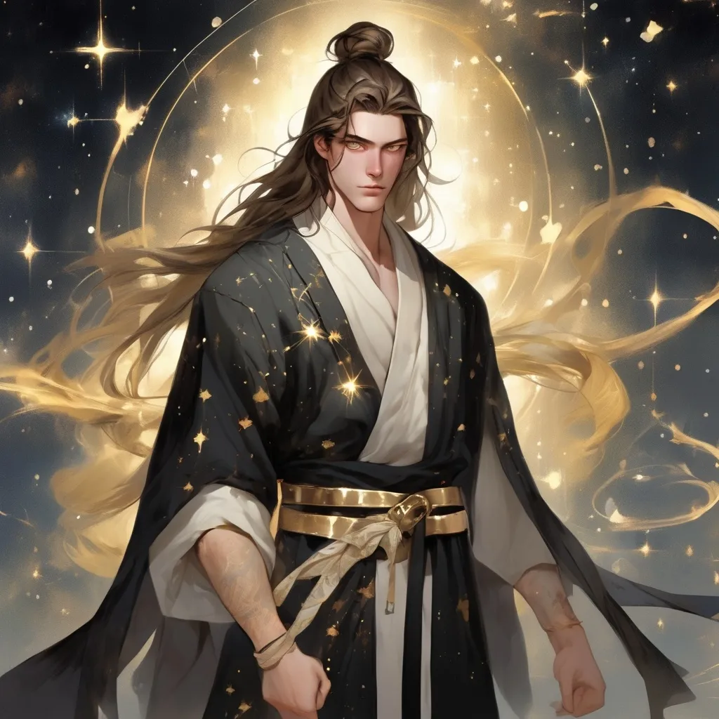 Prompt: His long brown hair is tied into a bun. He has amber-colored eyes. He is wearing a robe of black with constellation patterns on the fabric, and white on the inside.  A golden belt tied around his waist. He has shining floating swords behind him.