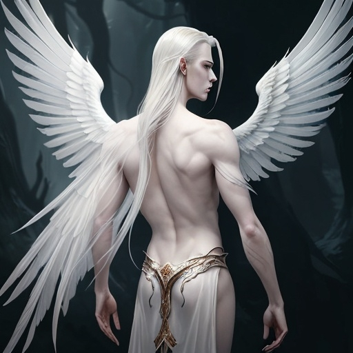 Prompt: masterpiece, ink painting, handsome D&D fantasy, A majestic shot of a thin elven man. His platinum blond hair is slicked back. The pale skin seems almost translucent in the soft, ethereal light. He stands proud, with wings spread behind his back. His feathered wings shimmer like jewels in the sun. He is gazing towards the camera. emphasizing his slender features and otherworldly elegance. character art, hand drawn