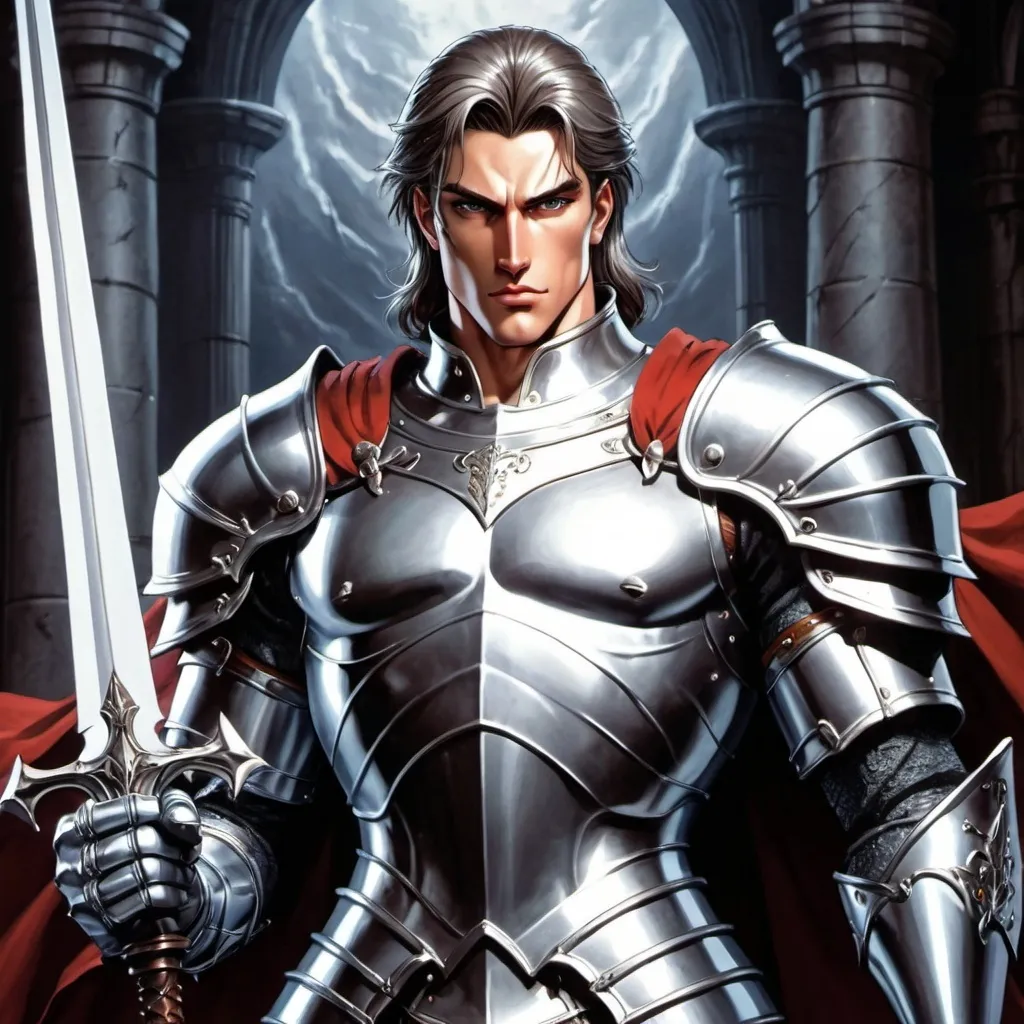 Prompt: man, handsome, knight, slicked back hair, muscular, silver armor, holds a lance, stern, 2D art, illustration, detailed facial features, dramatic lighting, 90s anime, 80s anime, anime screencap, cartoon, 2d art, romance novel cover, anime art style, castlevania anime, beserk anime