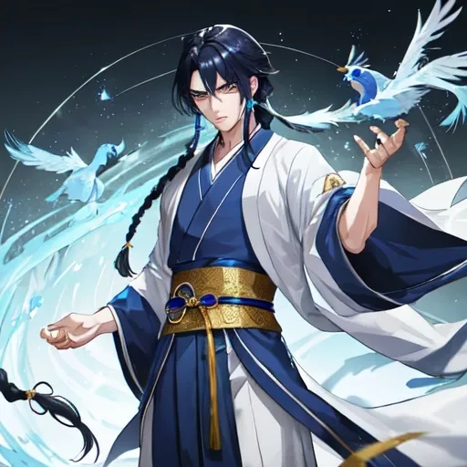 Prompt: A slender male wuxia character, with straight blue-black hair over his shoulders and some braids. His eyes are bright blue. He wears an intricate indigo robe. He has earrings made from bird feathers. 