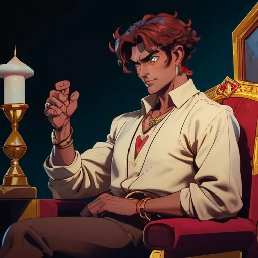 Prompt: A handsome middle-aged man in his 40s. He has bright yellow eyes, dark tanned skin, thin red curly hair. He is dressed like a persian merchant. He is wearing white loose buttoned shirt and several gold accessories like earrings, rings, and necklaces. The person  is sitting on a velvet chair in a dark candle lit room. 