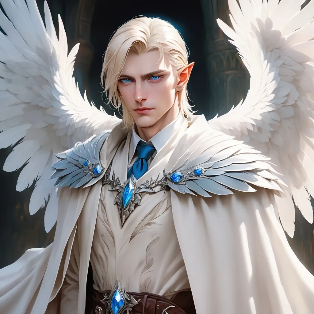 Prompt: oil painting, D&D fantasy, older rugged looking pale-skinned man, A sharp elven man. His short platinum blond hair is slicked back. He has piercing blue eyes, and a sharp jawline. His lips are pursed shut. He stands proud, wearing a white frock coat, with wings spread behind his back. He looks at the viewer. His feathered wings shimmer like jewels in the sun. character art, anime