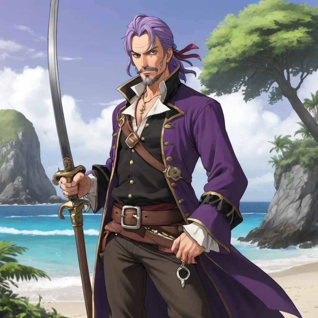 Prompt: Full Figure, Whole body. studio mappa art. Anime art. 2d art. 2d. a mature human male in vaguely medieval pirate attire. He wields a sabre. detailed. well drawn face. In background an island. The infamous pirate vandal, grey hair and purple eyes.