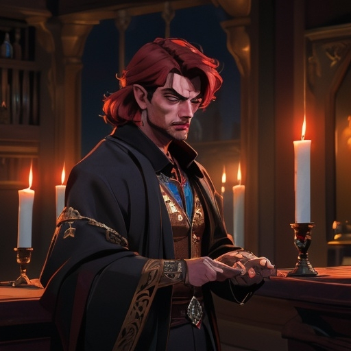 Prompt: masterpiece, best quality, intricate, serious, 4k A Persian Merchant with Red Hair, middle aged, handsome man, dark candle-lit room